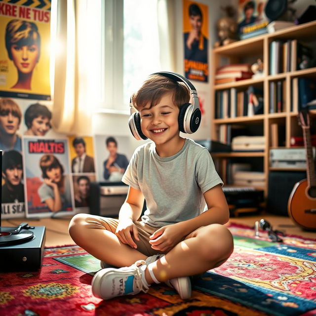 A young boy deeply immersed in listening to music, wearing oversized headphones, sitting cross-legged on a colorful rug