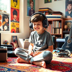 A young boy deeply immersed in listening to music, wearing oversized headphones, sitting cross-legged on a colorful rug