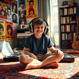 A young boy deeply immersed in listening to music, wearing oversized headphones, sitting cross-legged on a colorful rug