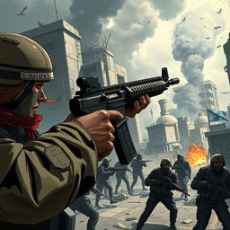 A dramatic illustration depicting an intense moment in a fictional game set during the war between Israel and Gaza