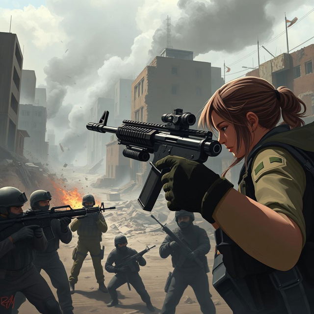 A dramatic illustration depicting an intense moment in a fictional game set during the war between Israel and Gaza