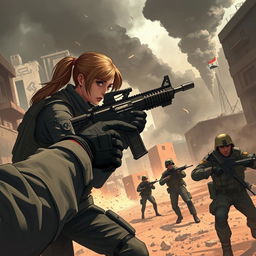 A dramatic illustration depicting an intense moment in a fictional game set during the war between Israel and Gaza