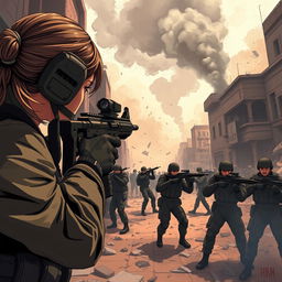 A dramatic illustration depicting an intense moment in a fictional game set during the war between Israel and Gaza