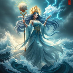 A majestic goddess embodying the spirit of waves and storms, known as Hǎi Làng Fēng Shén