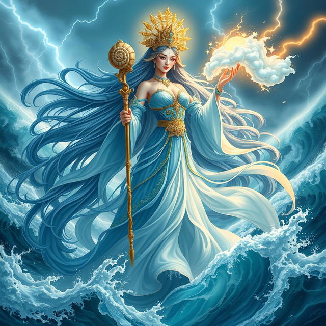 A majestic goddess embodying the spirit of waves and storms, known as Hǎi Làng Fēng Shén