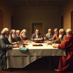 A modern reinterpretation of the Last Supper, featuring prominent psychologists and theorists: Sigmund Freud, Carl Jung, Carl Rogers, Albert Ellis, William Glasser, Alfred Adler, Aaron Beck, Frederick Perls, B