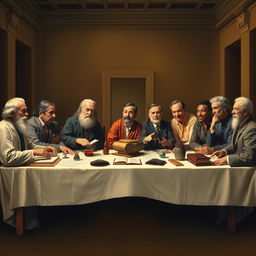 A modern reinterpretation of the Last Supper, featuring prominent psychologists and theorists: Sigmund Freud, Carl Jung, Carl Rogers, Albert Ellis, William Glasser, Alfred Adler, Aaron Beck, Frederick Perls, B