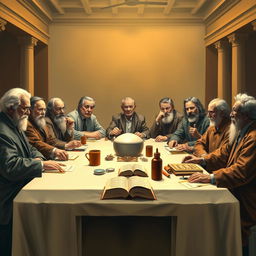 A modern reinterpretation of the Last Supper, featuring prominent psychologists and theorists: Sigmund Freud, Carl Jung, Carl Rogers, Albert Ellis, William Glasser, Alfred Adler, Aaron Beck, Frederick Perls, B