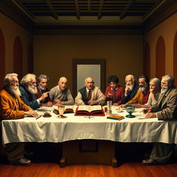 A modern reinterpretation of the Last Supper, featuring prominent psychologists and theorists: Sigmund Freud, Carl Jung, Carl Rogers, Albert Ellis, William Glasser, Alfred Adler, Aaron Beck, Frederick Perls, B