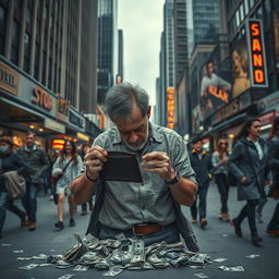 A dramatic scene depicting a person in a bustling cityscape, struggling with financial stress