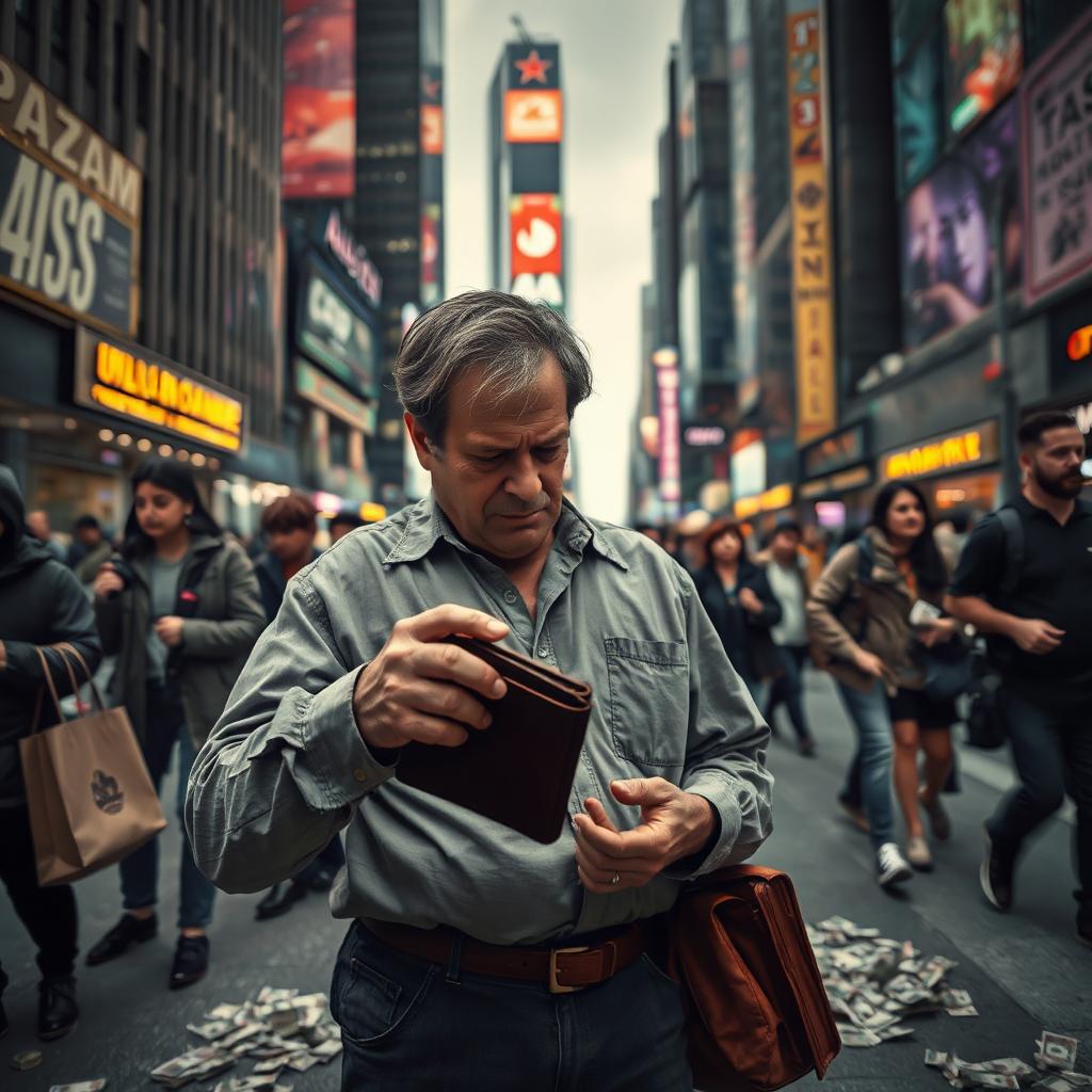 A dramatic scene depicting a person in a bustling cityscape, struggling with financial stress