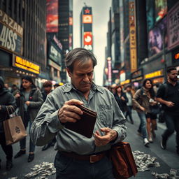 A dramatic scene depicting a person in a bustling cityscape, struggling with financial stress