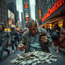A dramatic scene depicting a person in a bustling cityscape, struggling with financial stress