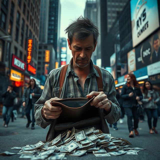 A dramatic scene depicting a person in a bustling cityscape, struggling with financial stress