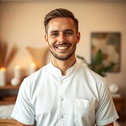 A realistic portrait of a male massage therapist, visible from the waist up