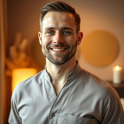 A realistic portrait of a male massage therapist, visible from the waist up