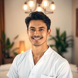 A realistic image of a male massage therapist shown only from the waist up, featuring a relaxed and professional demeanor