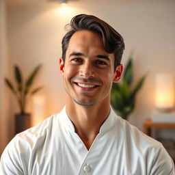 A realistic image of a male massage therapist shown only from the waist up, featuring a relaxed and professional demeanor