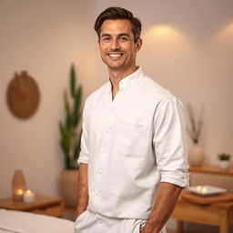 A realistic image of a male massage therapist shown only from the waist up, featuring a relaxed and professional demeanor