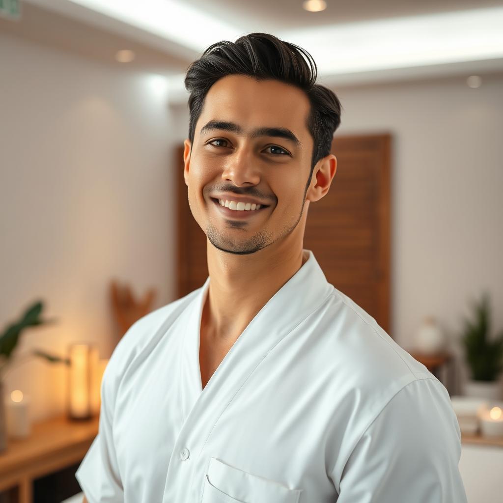 A realistic image of a male massage therapist shown only from the waist up, featuring a relaxed and professional demeanor