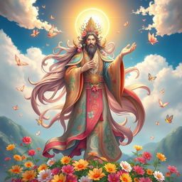 A majestic figure representing Huá Líng Tiān Jūn, the Heavenly Lord of the Flower Spirits, standing atop a vibrant, blooming landscape
