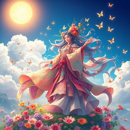 A majestic figure representing Huá Líng Tiān Jūn, the Heavenly Lord of the Flower Spirits, standing atop a vibrant, blooming landscape