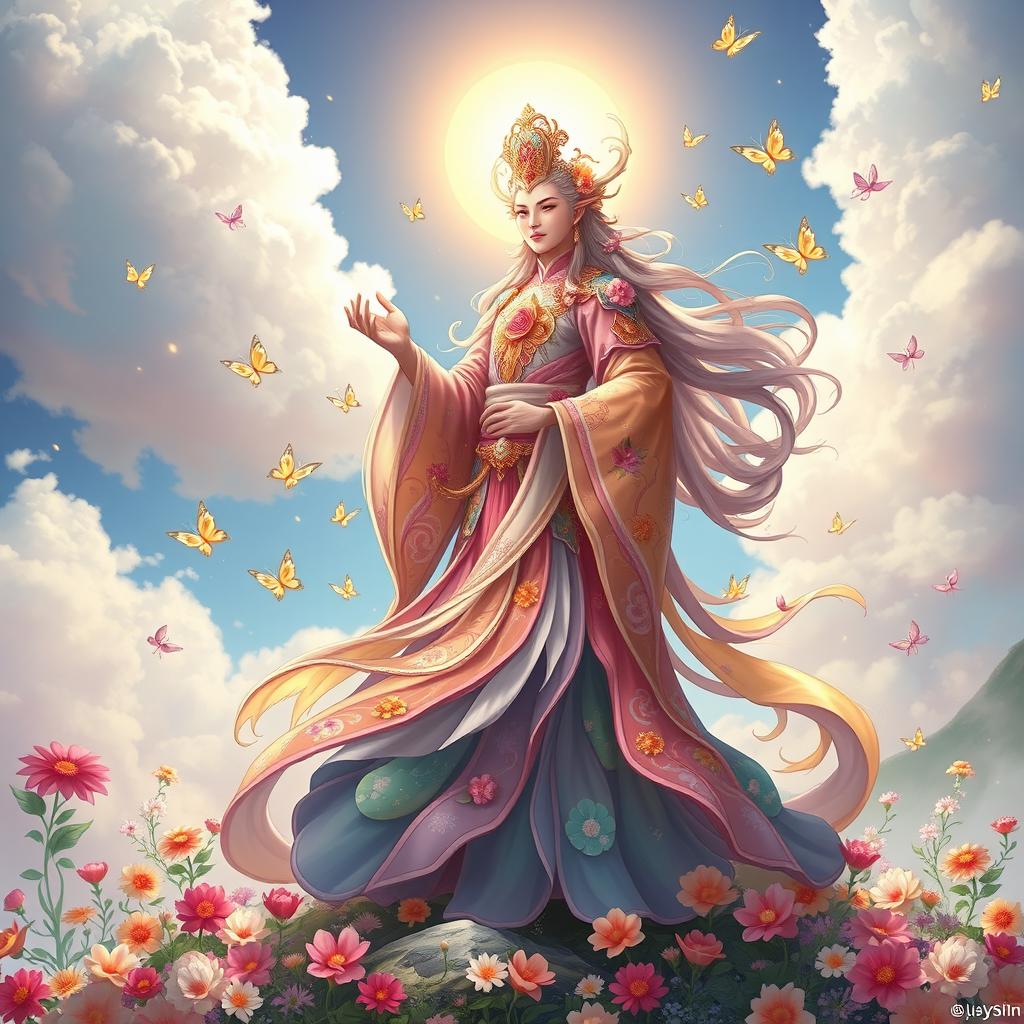 A majestic figure representing Huá Líng Tiān Jūn, the Heavenly Lord of the Flower Spirits, standing atop a vibrant, blooming landscape