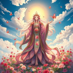 A majestic figure representing Huá Líng Tiān Jūn, the Heavenly Lord of the Flower Spirits, standing atop a vibrant, blooming landscape