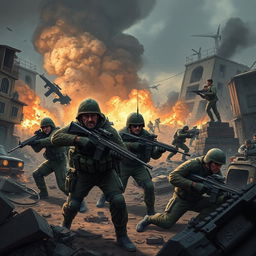 An intense and detailed illustration for a war game, showcasing a dynamic battlefield scene