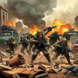 An intense and detailed illustration for a war game, showcasing a dynamic battlefield scene