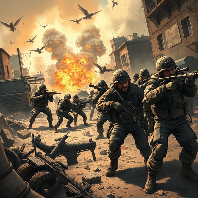 An intense and detailed illustration for a war game, showcasing a dynamic battlefield scene