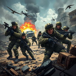 An intense and detailed illustration for a war game, showcasing a dynamic battlefield scene
