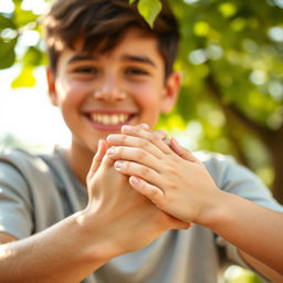 A heartwarming scene featuring two hands, one belonging to a young man and the other to a girl, gently clasping each other