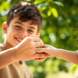 A heartwarming scene featuring two hands, one belonging to a young man and the other to a girl, gently clasping each other