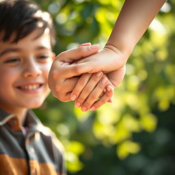 A heartwarming scene featuring two hands, one belonging to a young man and the other to a girl, gently clasping each other