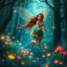 An adult fairy with flowing brown hair, gracefully flying through a magical forest, her body positioned as she gazes 10 degrees to the left