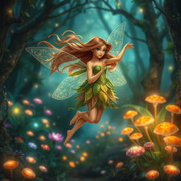 An adult fairy with flowing brown hair, gracefully flying through a magical forest, her body positioned as she gazes 10 degrees to the left