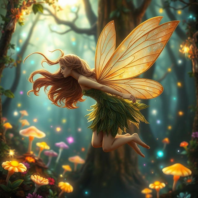 An adult fairy with flowing brown hair, gracefully flying through a magical forest, her body positioned as she gazes 10 degrees to the left