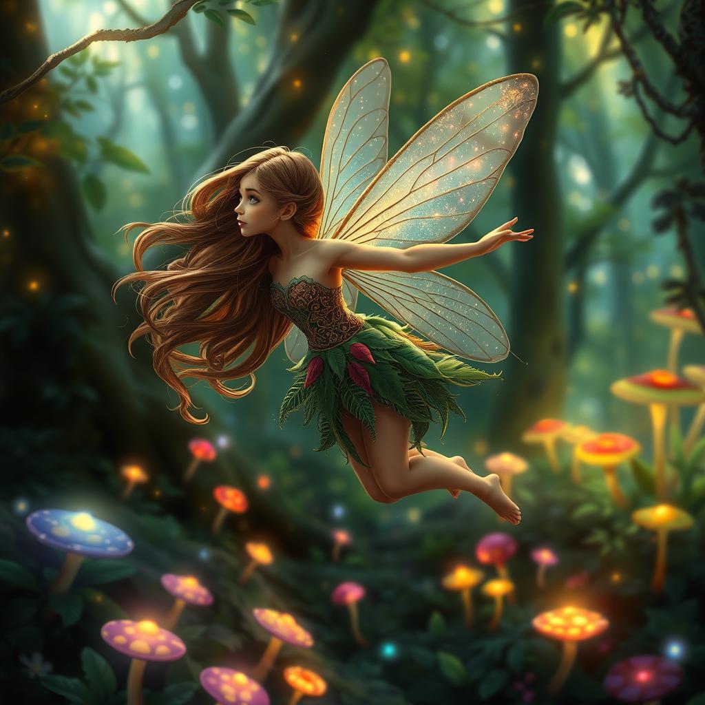 An adult fairy with flowing brown hair, gracefully flying through a magical forest, her body positioned as she gazes 10 degrees to the left