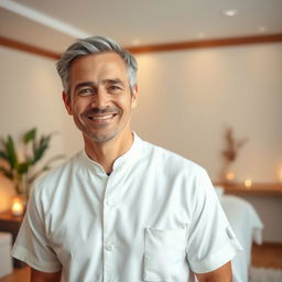 A realistic image of a male massage therapist shown only from the waist up, featuring a calm and professional demeanor