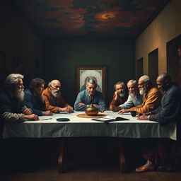 An artistic interpretation inspired by Leonardo da Vinci's 'The Last Supper', featuring prominent psychological figures such as Sigmund Freud, Carl Jung, Carl Rogers, Albert Ellis, William Glasser, Alfred Adler, Aaron Beck, Frederick Perls, B
