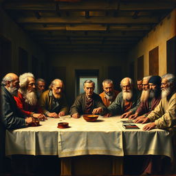 An artistic interpretation inspired by Leonardo da Vinci's 'The Last Supper', featuring prominent psychological figures such as Sigmund Freud, Carl Jung, Carl Rogers, Albert Ellis, William Glasser, Alfred Adler, Aaron Beck, Frederick Perls, B