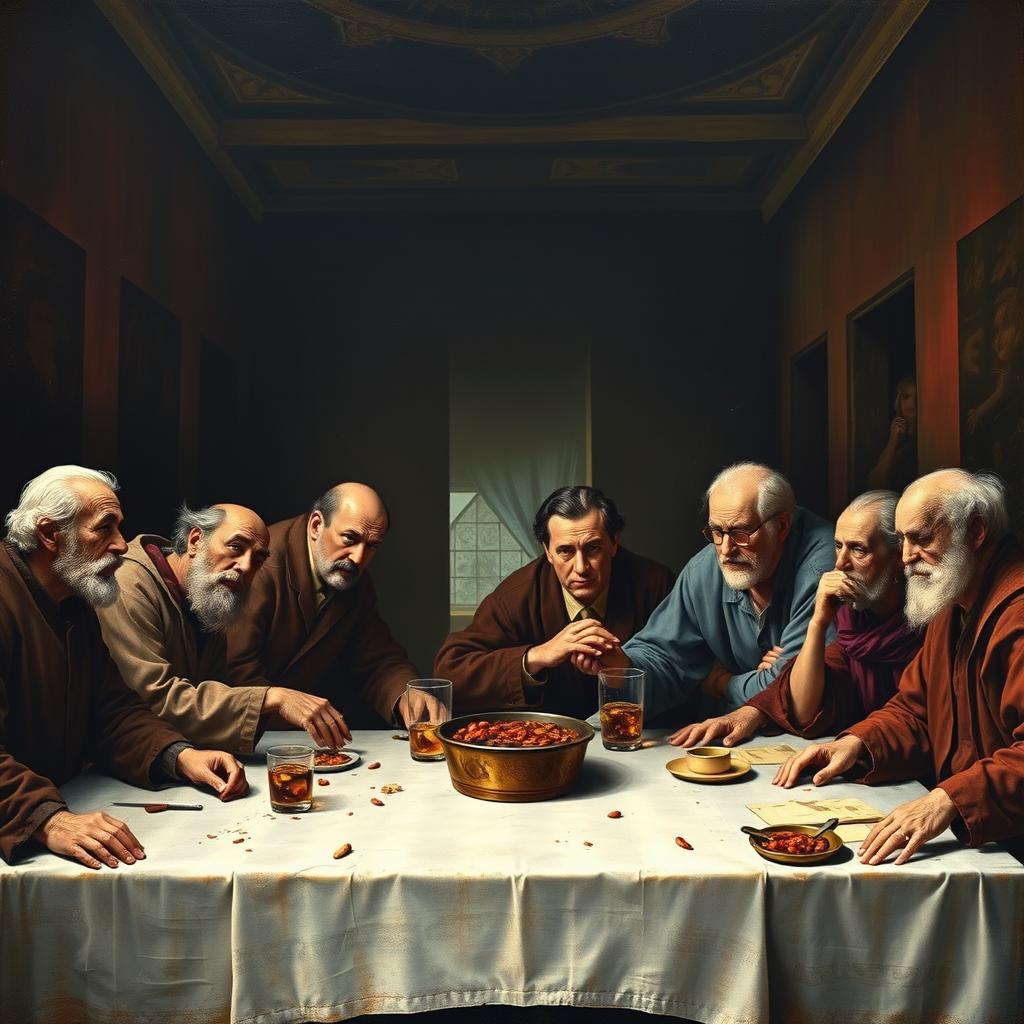 An artistic interpretation inspired by Leonardo da Vinci's 'The Last Supper', featuring prominent psychological figures such as Sigmund Freud, Carl Jung, Carl Rogers, Albert Ellis, William Glasser, Alfred Adler, Aaron Beck, Frederick Perls, B