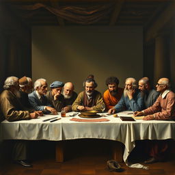 An artistic interpretation inspired by Leonardo da Vinci's 'The Last Supper', featuring prominent psychological figures such as Sigmund Freud, Carl Jung, Carl Rogers, Albert Ellis, William Glasser, Alfred Adler, Aaron Beck, Frederick Perls, B
