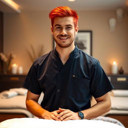 A realistic image of a male massage therapist shown only from the waist up, with a distinctive appearance featuring bright red hair