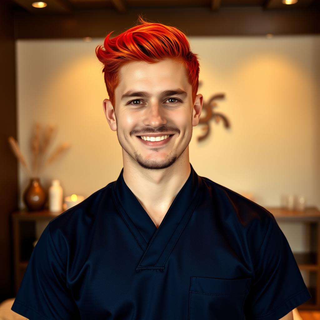 A realistic image of a male massage therapist shown only from the waist up, with a distinctive appearance featuring bright red hair