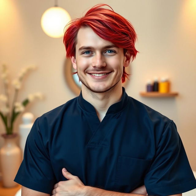 A realistic image of a male massage therapist shown only from the waist up, with a distinctive appearance featuring bright red hair