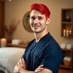 A realistic image of a male massage therapist shown only from the waist up, with a distinctive appearance featuring bright red hair
