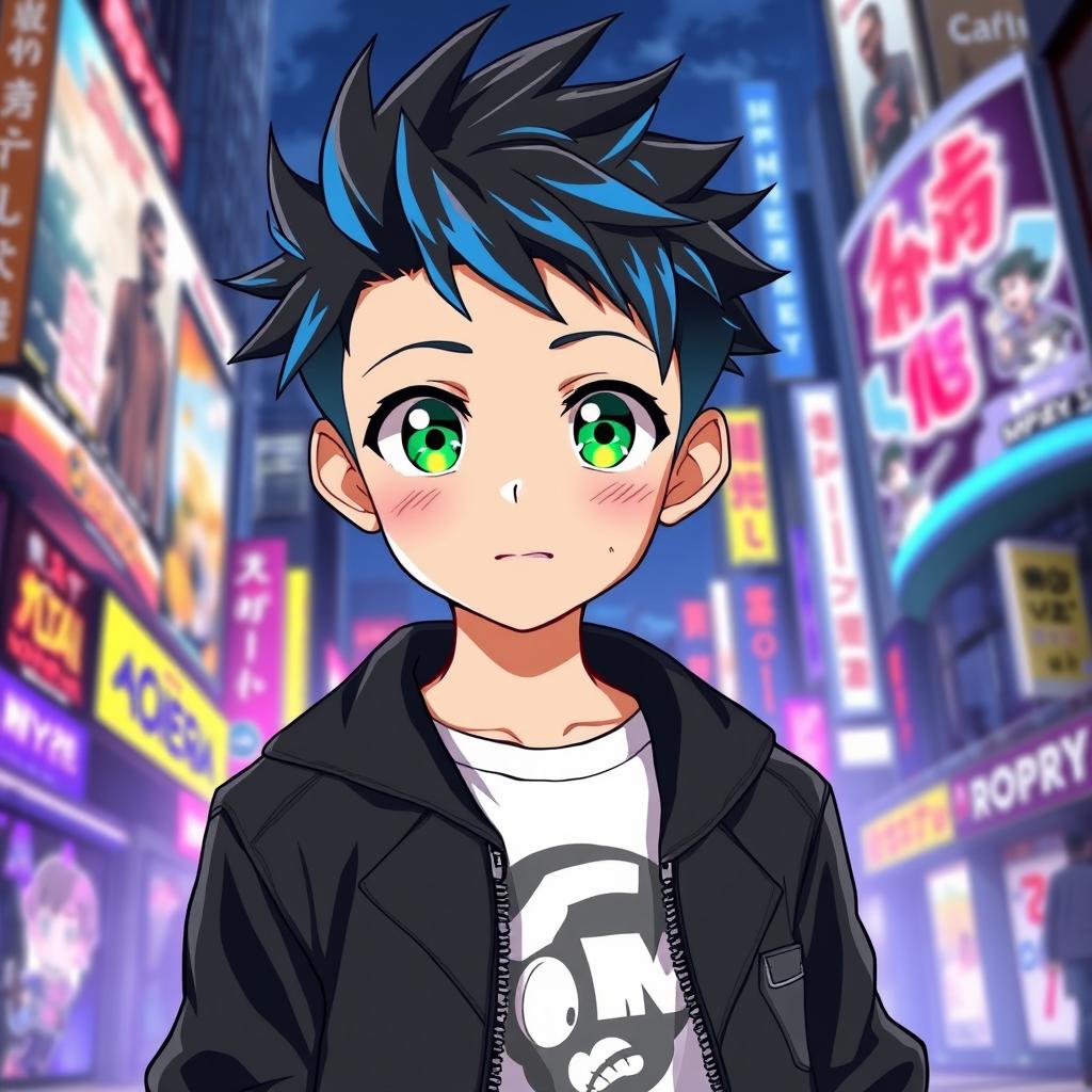 An anime boy with short, spiky hair styled casually, featuring vibrant blue highlights