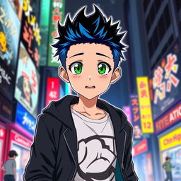 An anime boy with short, spiky hair styled casually, featuring vibrant blue highlights